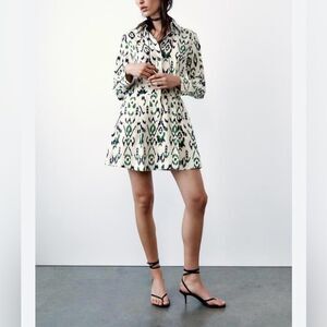 Zara Long Sleeve Fit & Flare Shirt Dress in Cream Navy & Green Ikat Print - L